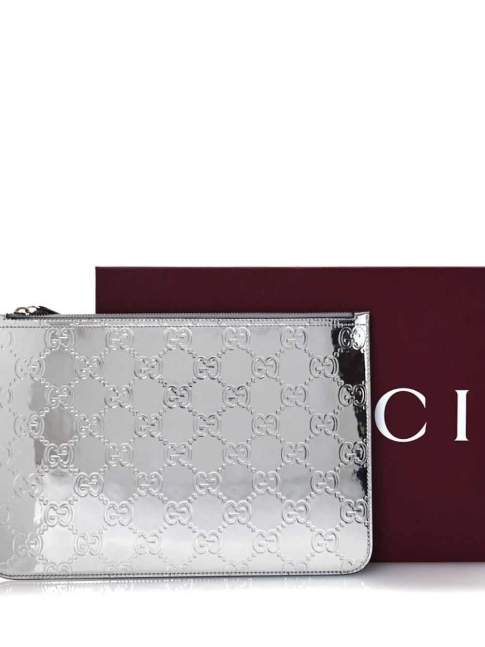 Gucci Silver Embossed GG Metallic Zip Clutch NWT